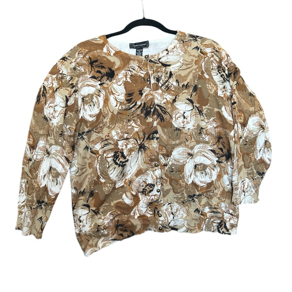 Cable & Gauge Floral Cardigan - Brown and White size XL grandmacore